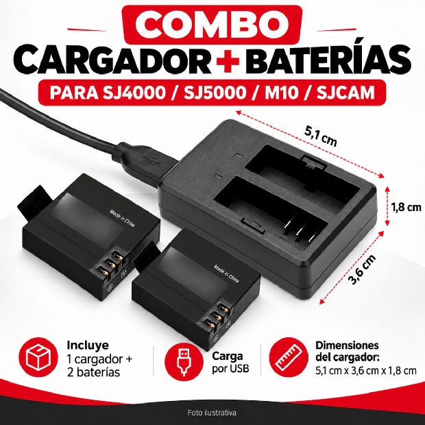 &uu COMBO CARGADOR + 2 BATERIA SJ4000 SJ5000 M10 SJCAM